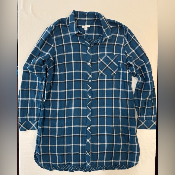 J Jill 100% Cotton Tunic Button Down Blue Plaid Flannel Feel Pockets - Picture 2 of 12